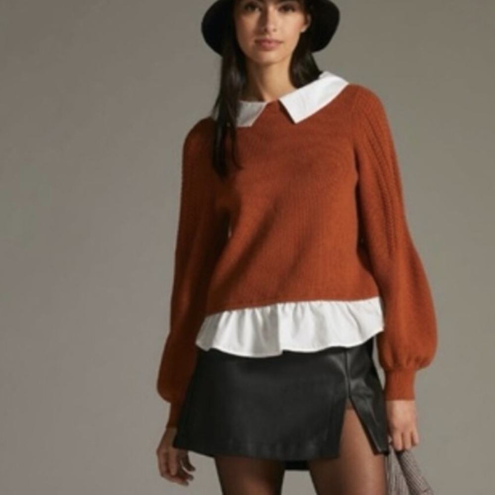Rust Orange Women's Pullover Sweater with Puff Sleeves